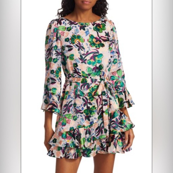 SALONI Silk Floral Ruffle Mini Dress Multicolor Light Pink Lined Slip Size 8 - Picture 3 of 13